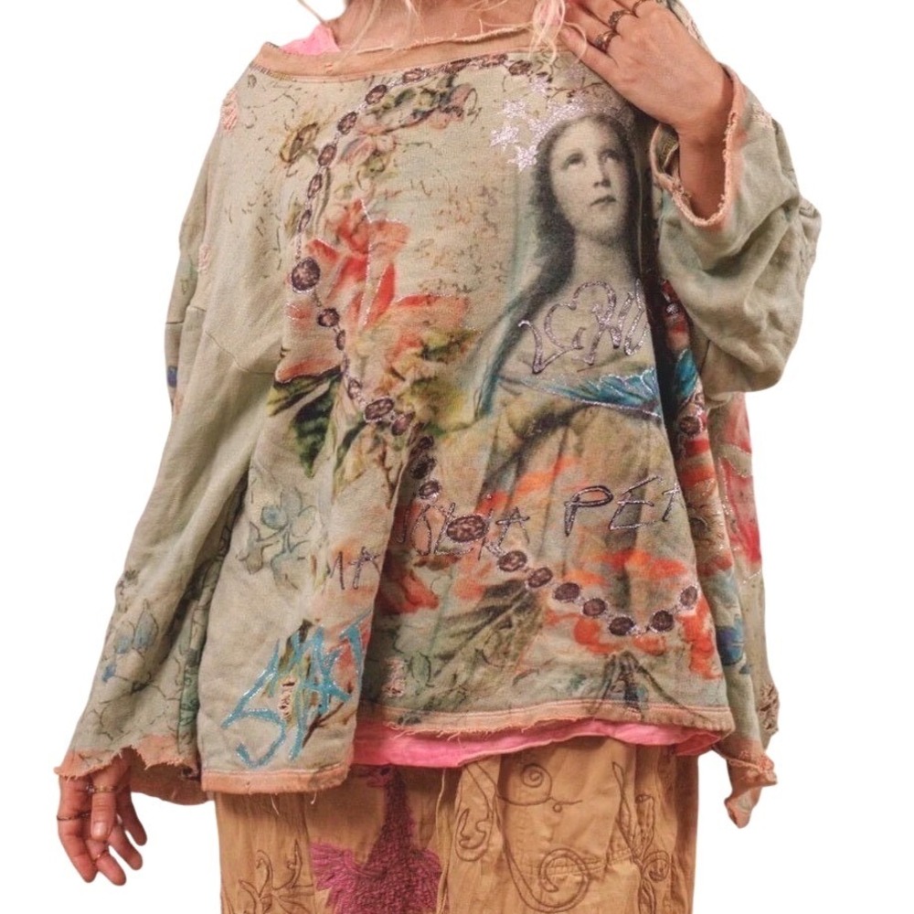 MAGNOLIA PEARL Sweatshirt Distressed Hermosa Mary Glitter Gray Floral NWT